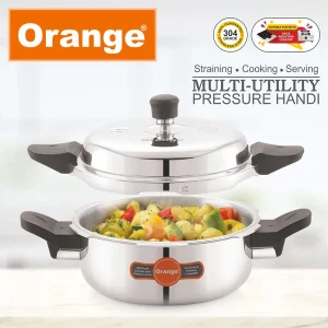 Orange Triply Stainless Steel Multi-Utility Presssure Handi 3.5Litre With Stainless Steel Strainer & Glass Lid, Triply Steel Outer Lid Pressure Cooker, Induction Friendly, Cook & Serve