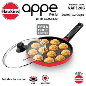 Hawkins Die-Cast Nonstick AppePan 20cm With Glass Lid (12 cups)  NAPE20G (Nonstick Paniyarakkal or Appa Sancha)
