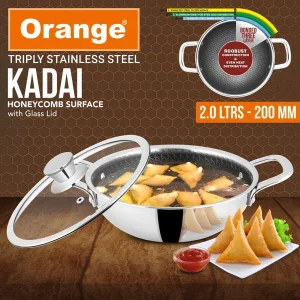 Orange Triply Stainless Steel Honeycomb Deep Kadai with Glass Lid 2Litre (200MM) Gas & Induction Friendly
