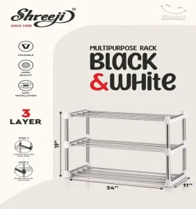 Shreeji Black & White 3 Layer Multipurpose Rack | Strong Plastic Shoe & Storage Organizer for Home