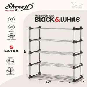 Shreeji Black & White 5 Layer Multipurpose Rack | Strong Plastic Shoe & Storage Organizer for Home