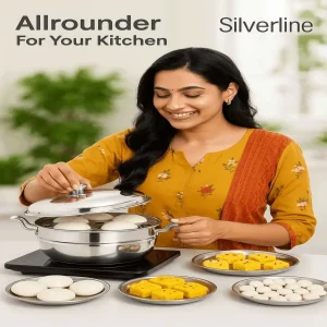 Silverline Stainless Steel Multikadai 3-in-1 Combo – Idli, Dhokla & Momos or Steamer | Induction Friendly Cookware